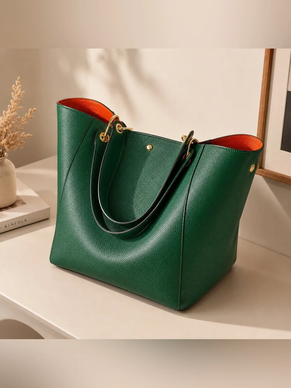 Green Pebbled Vegan Leather Tote Bag Large Work Travel Purse